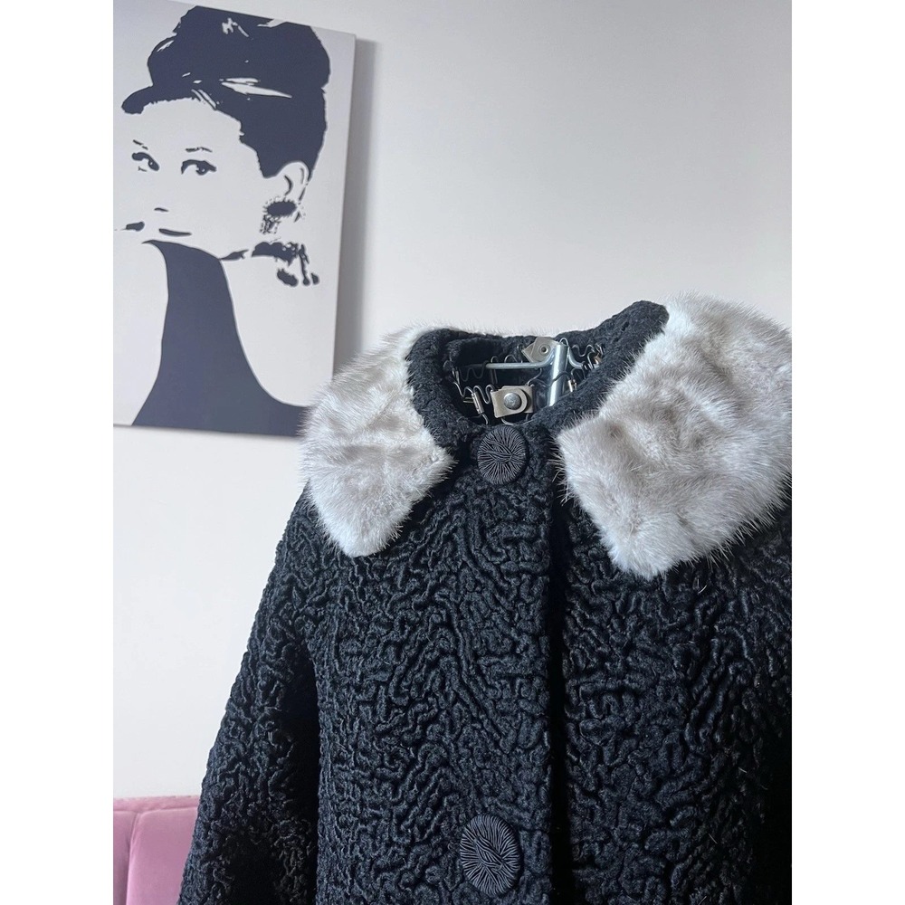 Vintage Miracurl Black Faux Persian Lamb Fur Coat Grey Mink Collar Mid Century